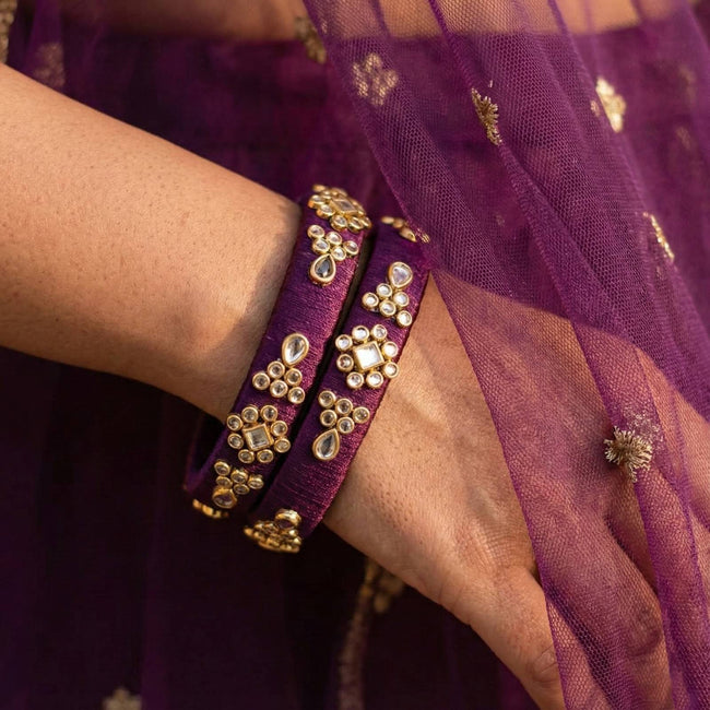 Handkraft Deep Purple Silk Thread Bangles | Floral Kundan Motif (Pair)
