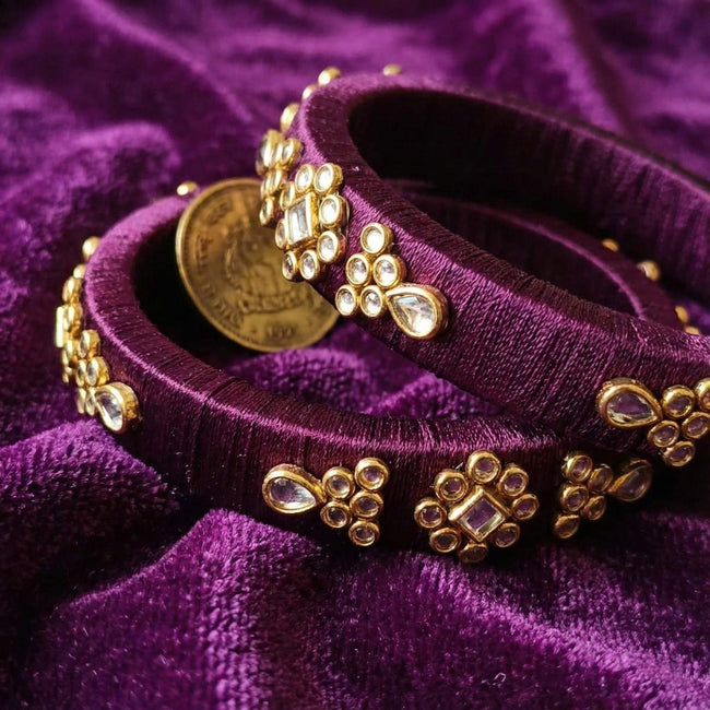 Handkraft Deep Purple Silk Thread Bangles | Floral Kundan Motif (Pair)