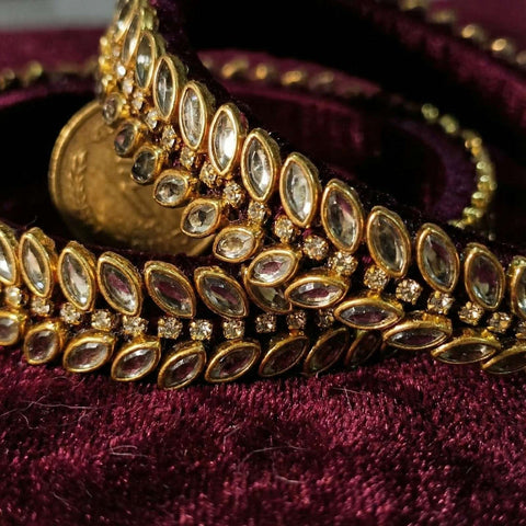 Handkraft Maroon Silk Thread Kundan Bangle Set | Gold Plated Leaf Design