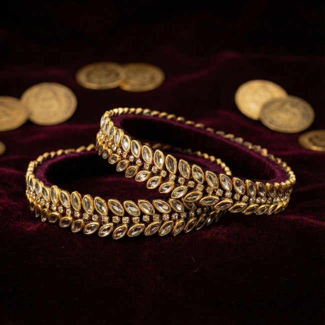 Handkraft Maroon Silk Thread Kundan Bangle Set | Gold Plated Leaf Design