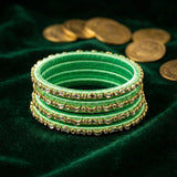 Handkraft Parrot Green Silk Thread Bangles | Crescent Moon Stone Design (Set of 4)