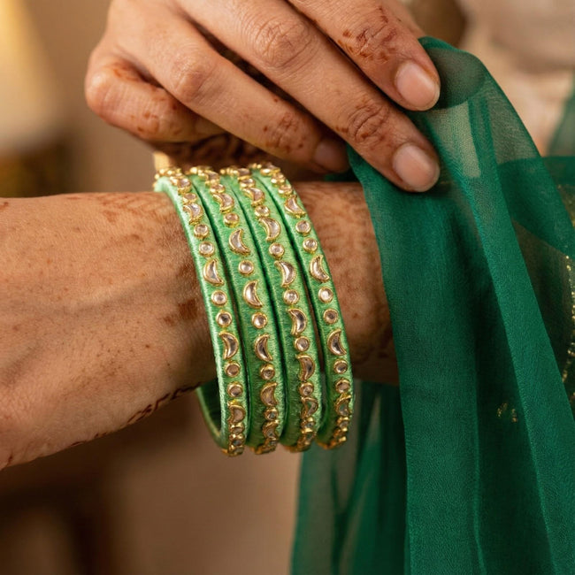 Handkraft Parrot Green Silk Thread Bangles | Crescent Moon Stone Design (Set of 4)