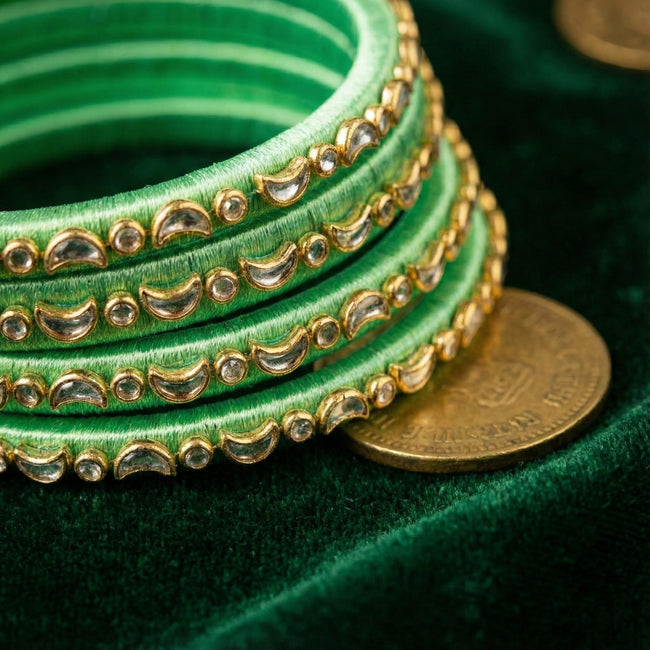 Handkraft Parrot Green Silk Thread Bangles | Crescent Moon Stone Design (Set of 4)