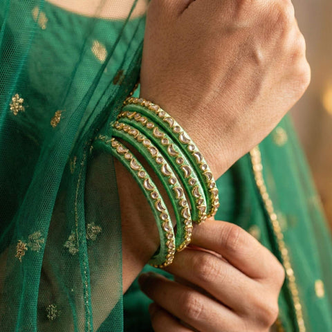 Handkraft Parrot Green Silk Thread Bangles | Crescent Moon Stone Design (Set of 4)
