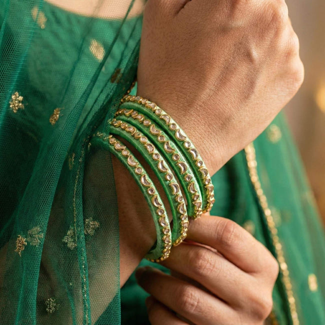 Handkraft Parrot Green Silk Thread Bangles | Crescent Moon Stone Design (Set of 4)