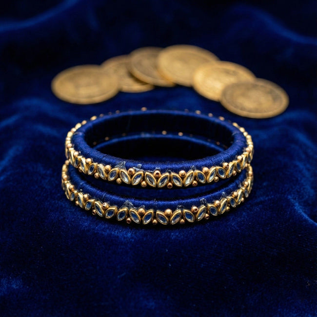 Handkraft Royal Blue Silk Thread Bangles | Single Line Kundan Leaf Pattern