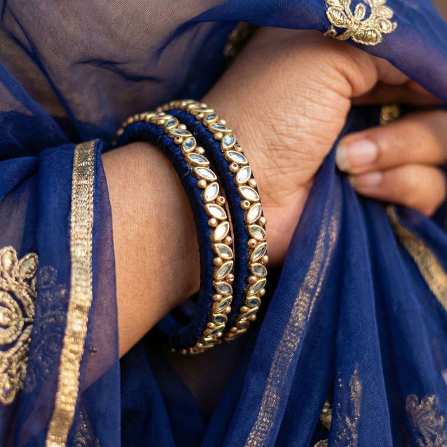 Handkraft Royal Blue Silk Thread Bangles | Single Line Kundan Leaf Pattern