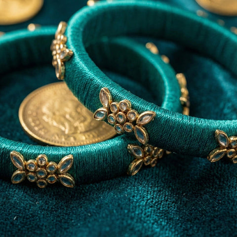 Handkraft Teal Green Silk Thread Bangles | Butterfly Motif Kundan Set
