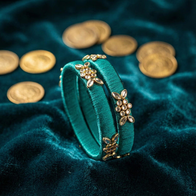 Handkraft Teal Green Silk Thread Bangles | Butterfly Motif Kundan Set