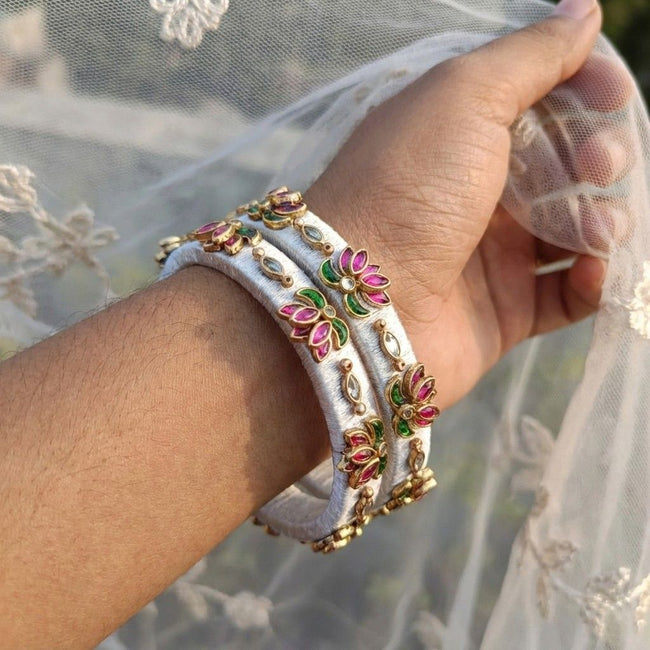 Handkraft White Silk Thread Bangles | Pink & Green Lotus Stone Motif (Pair)