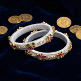 Handkraft White Silk Thread Bangles | Pink & Green Lotus Stone Motif (Pair)