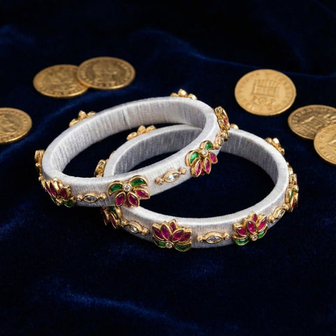 Handkraft White Silk Thread Bangles | Pink & Green Lotus Stone Motif (Pair)