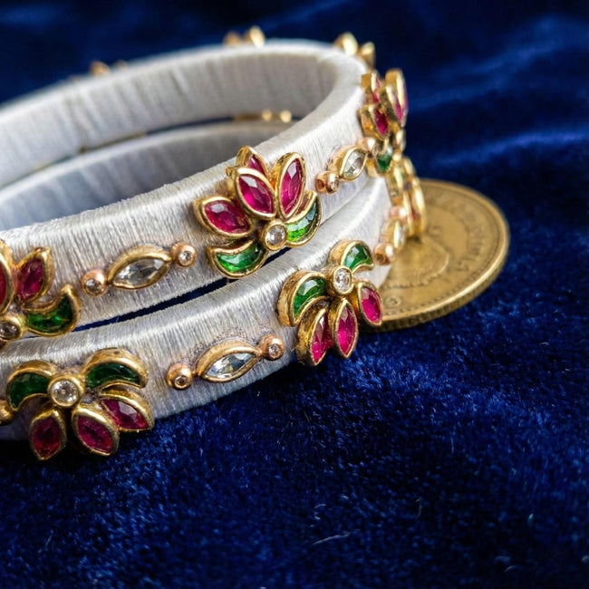 Handkraft White Silk Thread Bangles | Pink & Green Lotus Stone Motif (Pair)