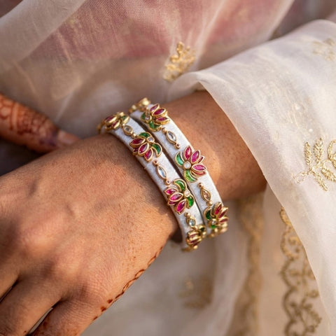 Handkraft White Silk Thread Bangles | Pink & Green Lotus Stone Motif (Pair)